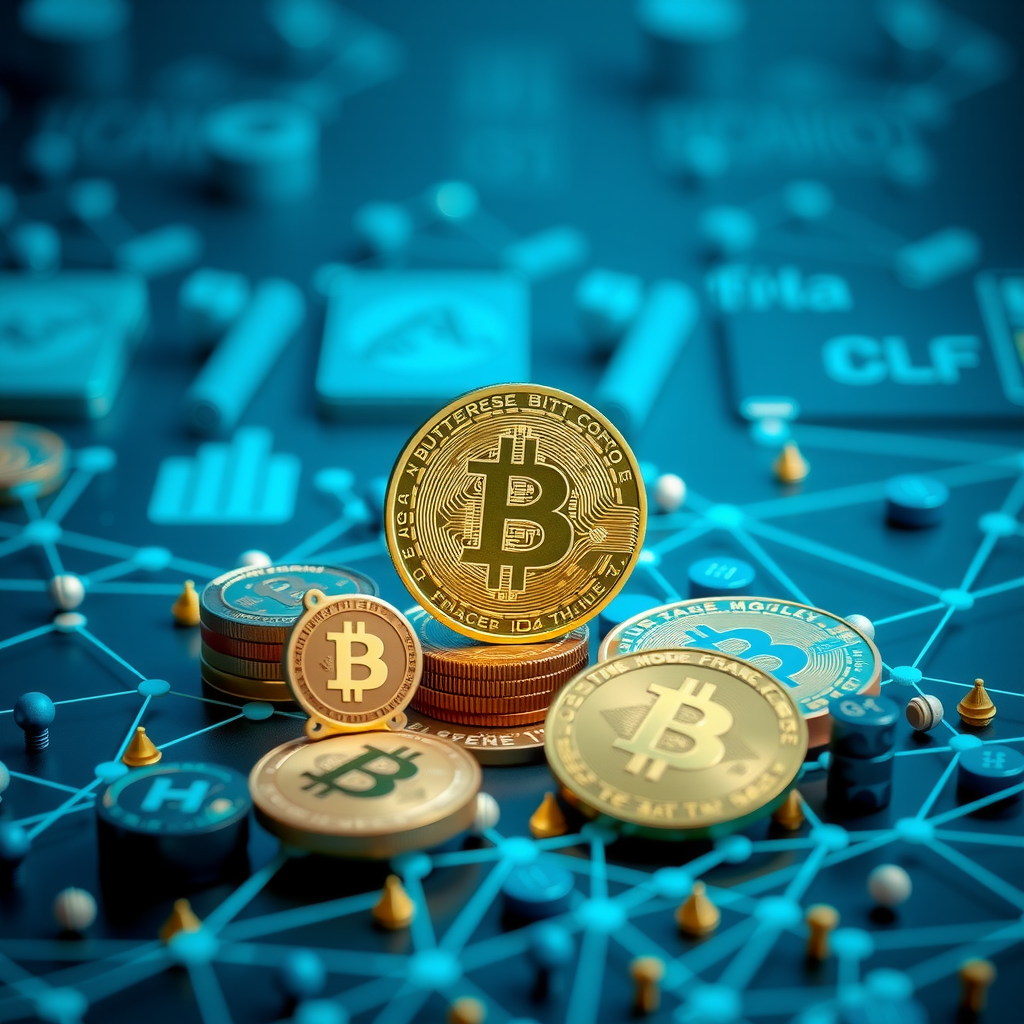 Modern financial education background featuring cryptocurrency symbols, blockchain network connections, and digital finance elements in professional blue tones