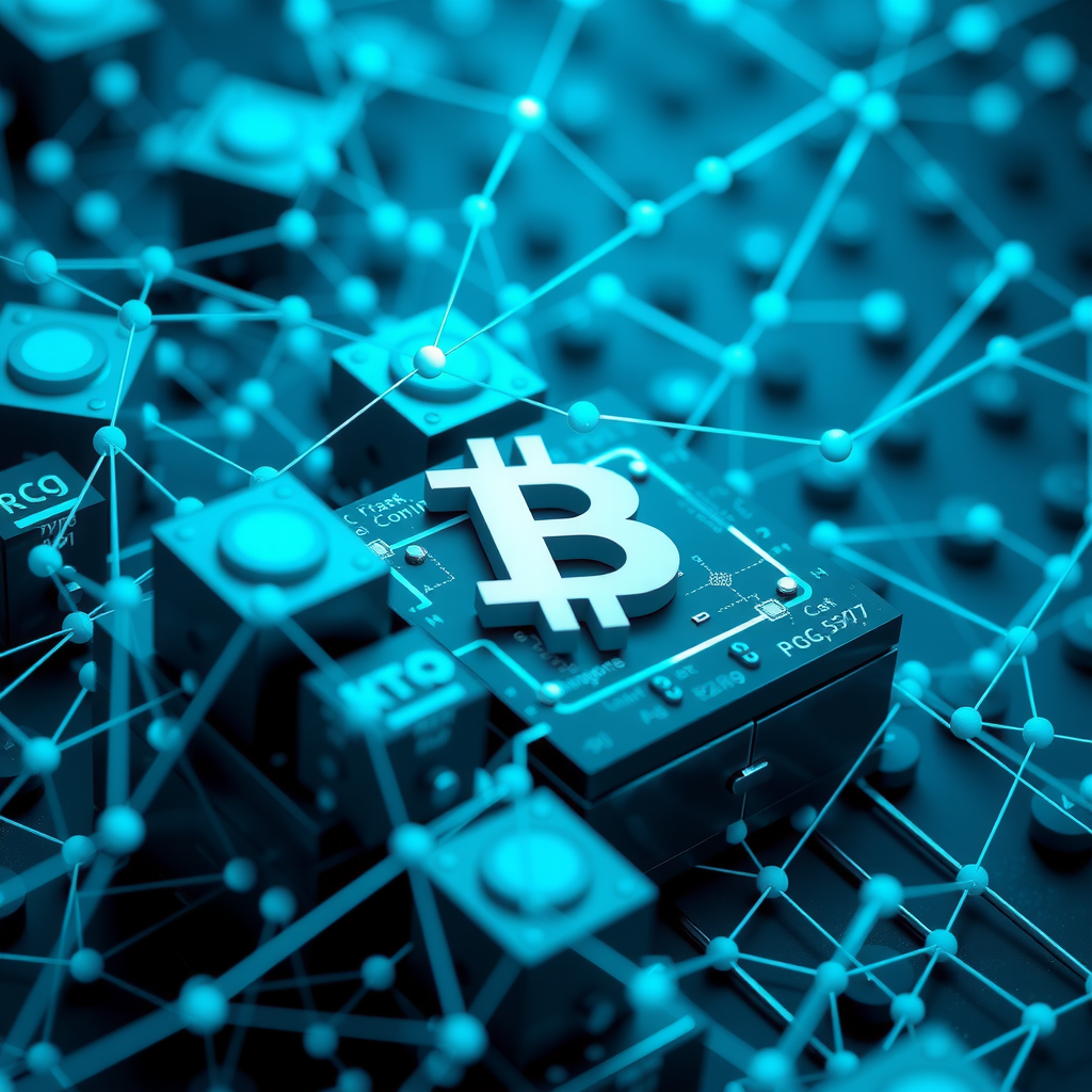 Detailed illustration of blockchain technology showing interconnected blocks with cryptographic chains, distributed network nodes, and digital ledger visualization in cool blue tones