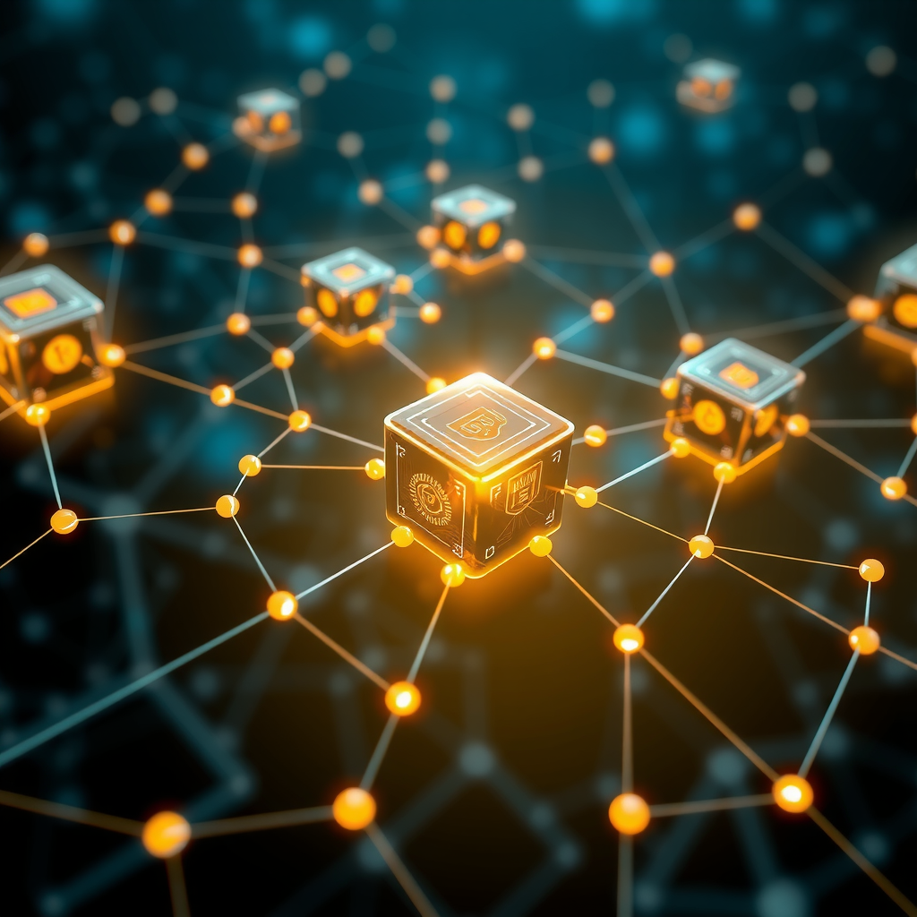 Abstract visualization of blockchain network showing interconnected blocks with glowing nodes and digital connections representing distributed ledger technology