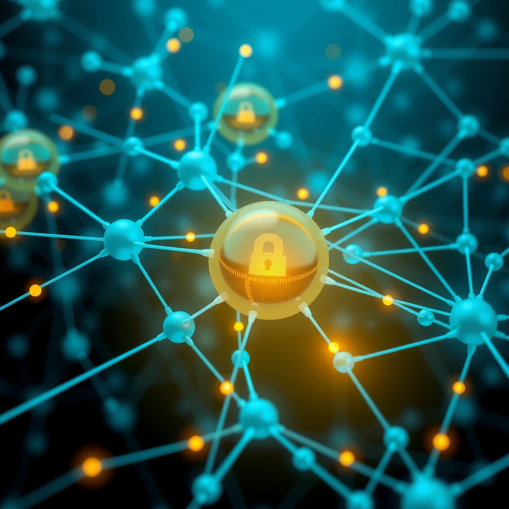 Digital illustration of interconnected blockchain nodes with smart contract code flowing between them, showing automated execution pathways in blue and teal colors with golden highlights representing secure transactions