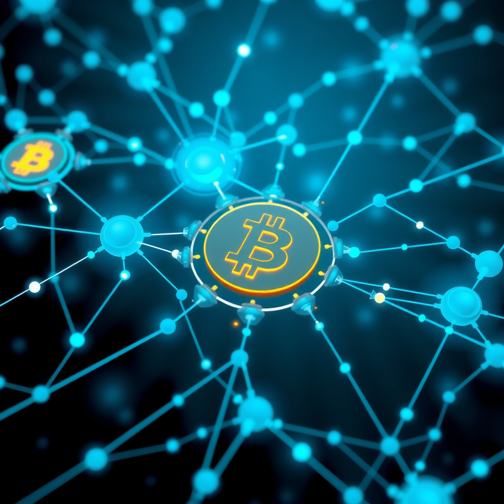 Futuristic digital illustration showing interconnected blockchain nodes, smart contracts, and decentralized finance protocols with glowing blue and teal connections representing the DeFi ecosystem