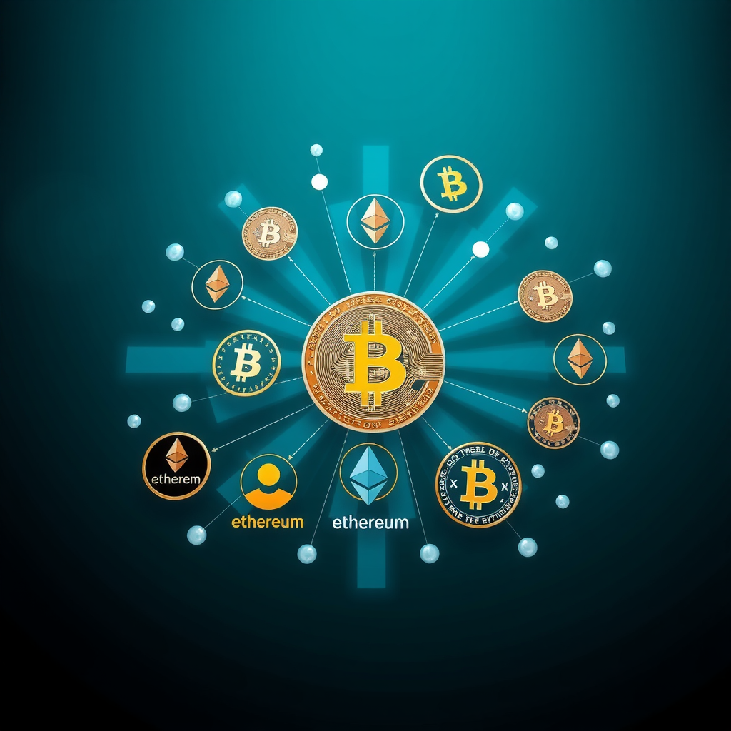 Professional visualization of a diversified cryptocurrency portfolio showing various digital assets including Bitcoin, Ethereum, and altcoins represented as interconnected nodes in a network diagram with blue and teal color scheme, symbolizing balanced investment strategy