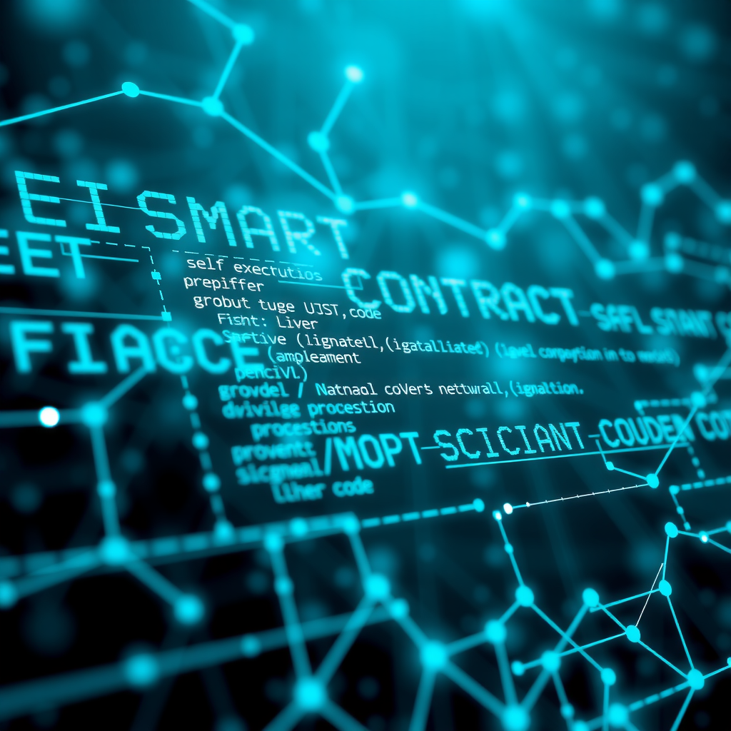 Visual representation of smart contracts showing self-executing code on blockchain network with automated agreement processes, digital signatures, and decentralized finance applications in teal and blue colors