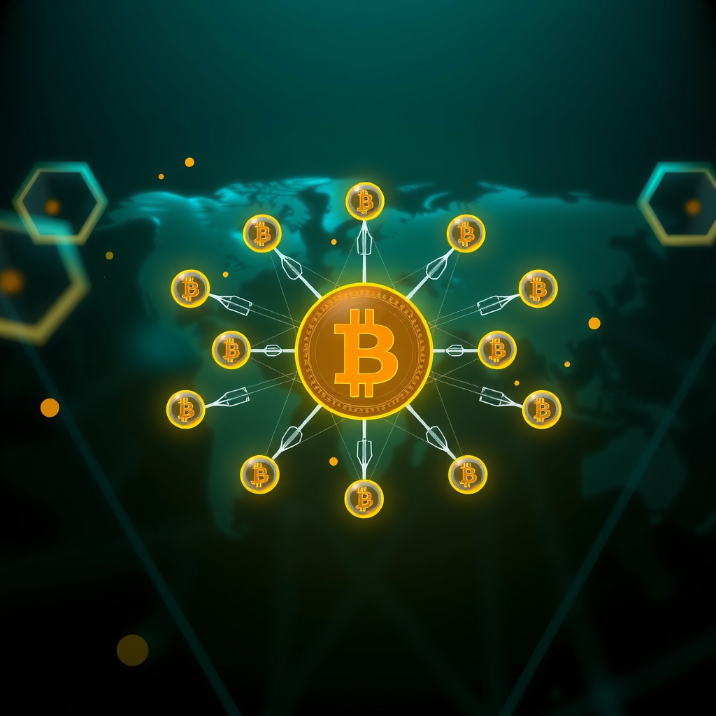 Diagram showing distributed ledger network with multiple interconnected nodes across the globe, each maintaining a synchronized copy of the blockchain