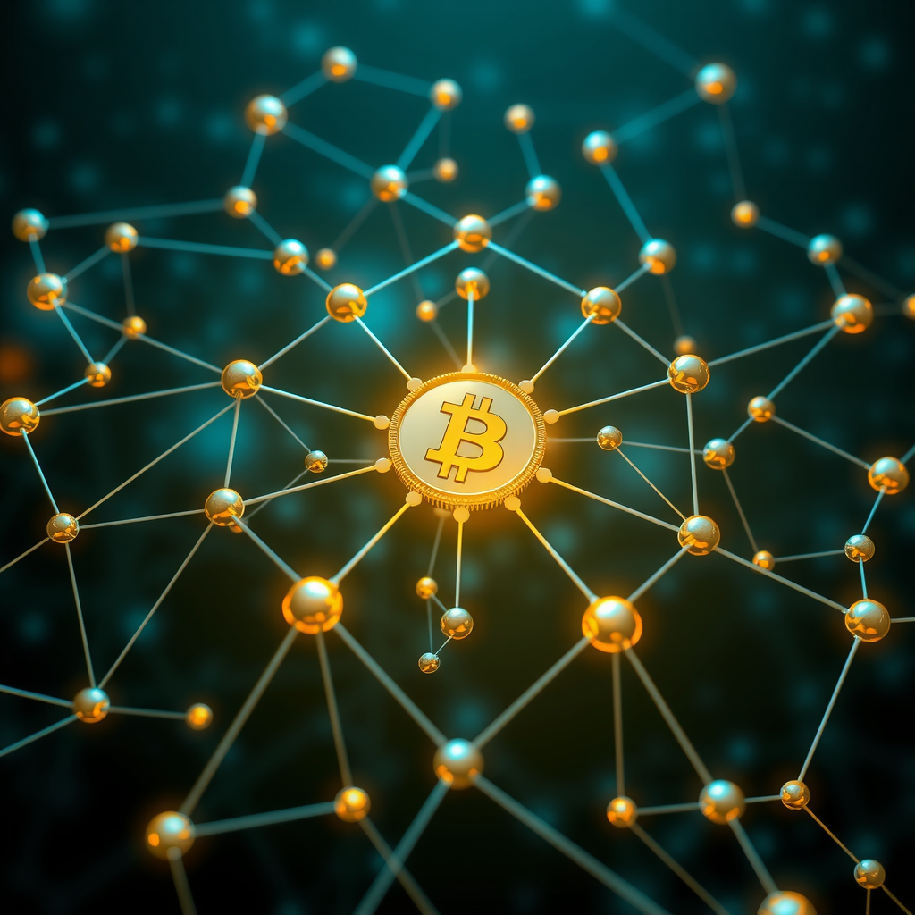 Visualization of a decentralized blockchain network with multiple nodes connected in a mesh pattern, showing distributed ledger architecture with smart contract deployment across nodes