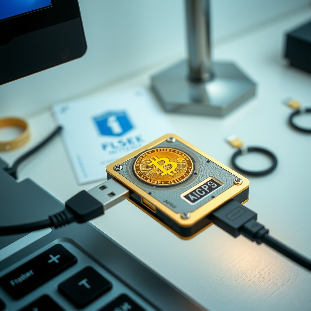 Close-up of hardware cryptocurrency wallet being connected to computer via USB cable, showing secure PIN entry screen, clean modern workspace with security documentation visible, professional product photography