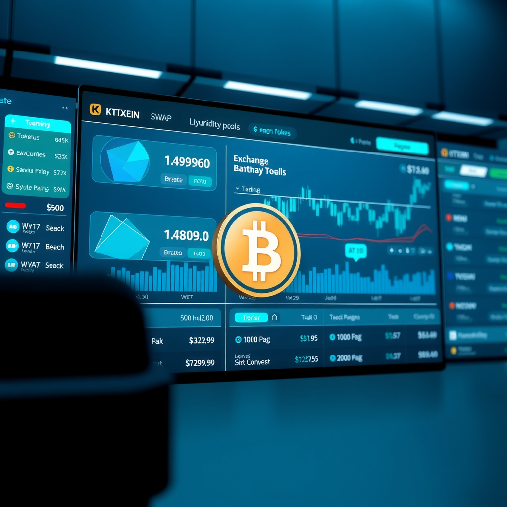Modern decentralized exchange interface showing token swap functionality, liquidity pools, and trading pairs with clean blue and teal design elements