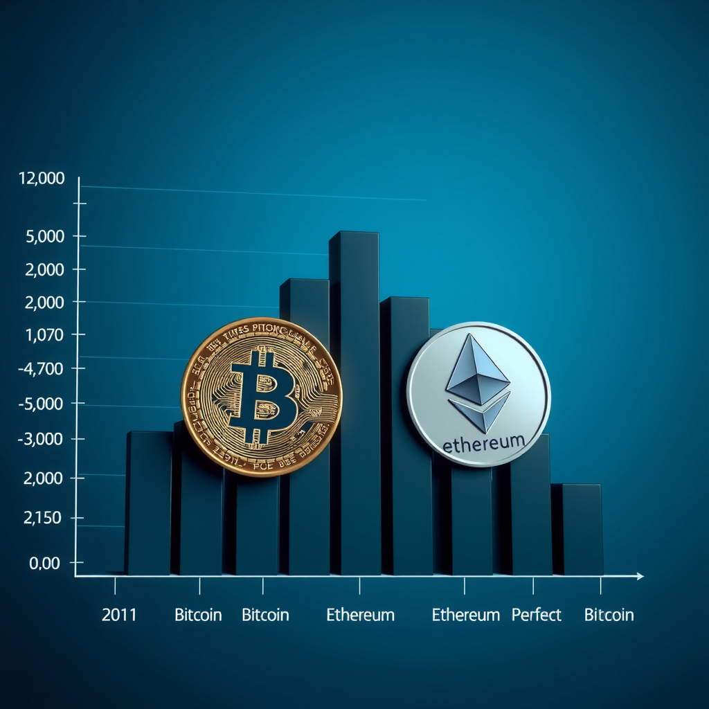 Chart showing Bitcoin and Ethereum as the two largest cryptocurrencies by market capitalization, displayed as prominent pillars in a bar graph with deep ocean blue coloring, representing their dominance in the large-cap category
