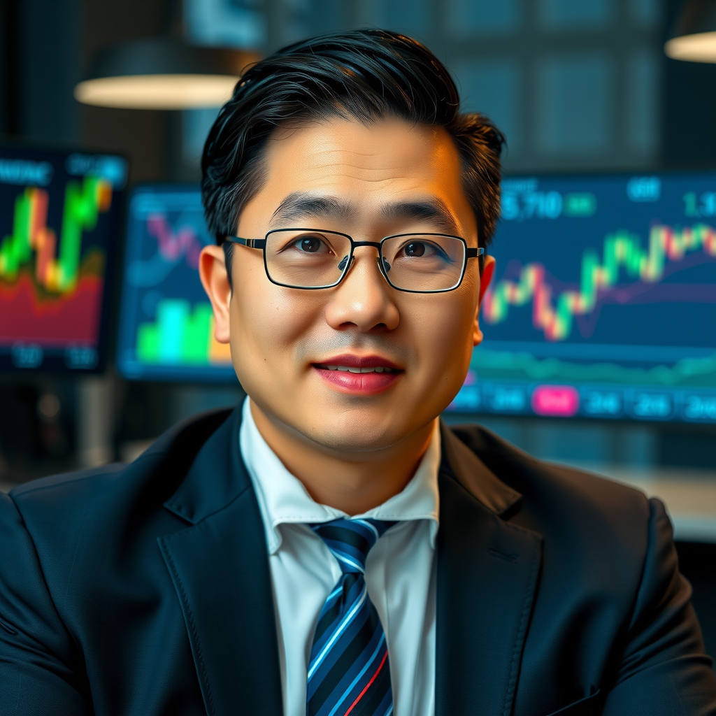 Professional photograph of David Kim, Senior Market Analyst at Duke-Mark.one, in professional setting with financial charts visible in background