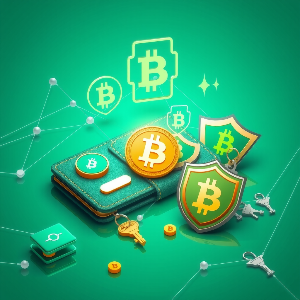 Cryptocurrency wallet security illustration featuring hardware wallet devices, multi-signature authentication symbols, encryption keys, and digital asset protection shields in sage green and teal palette