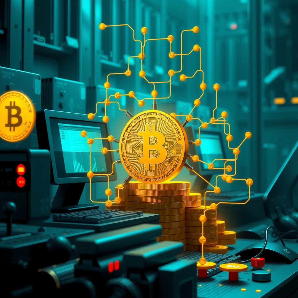 Illustration of cryptocurrency mining process showing computers solving cryptographic puzzles to validate transactions and add new blocks to the blockchain