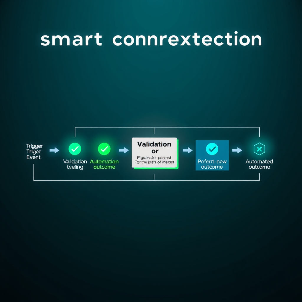 Diagram showing smart contract execution flow from trigger event through validation to automated outcome, with checkpoints and verification steps highlighted in green and blue