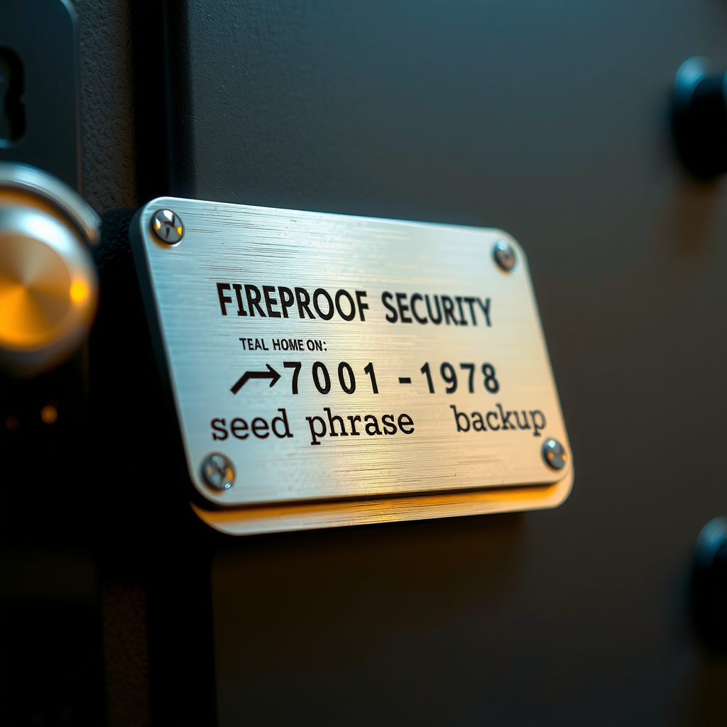 Metal cryptocurrency seed phrase backup plate with engraved words, shown alongside fireproof safe, demonstrating secure physical storage method, professional security setup photography