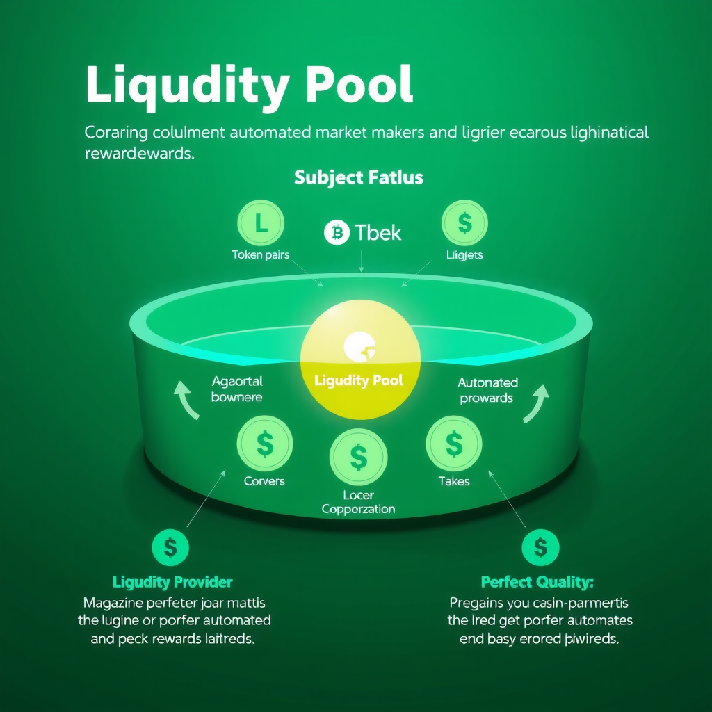 Conceptual diagram showing liquidity pool mechanics with token pairs, automated market makers, and liquidity provider rewards illustrated with green and teal gradient elements