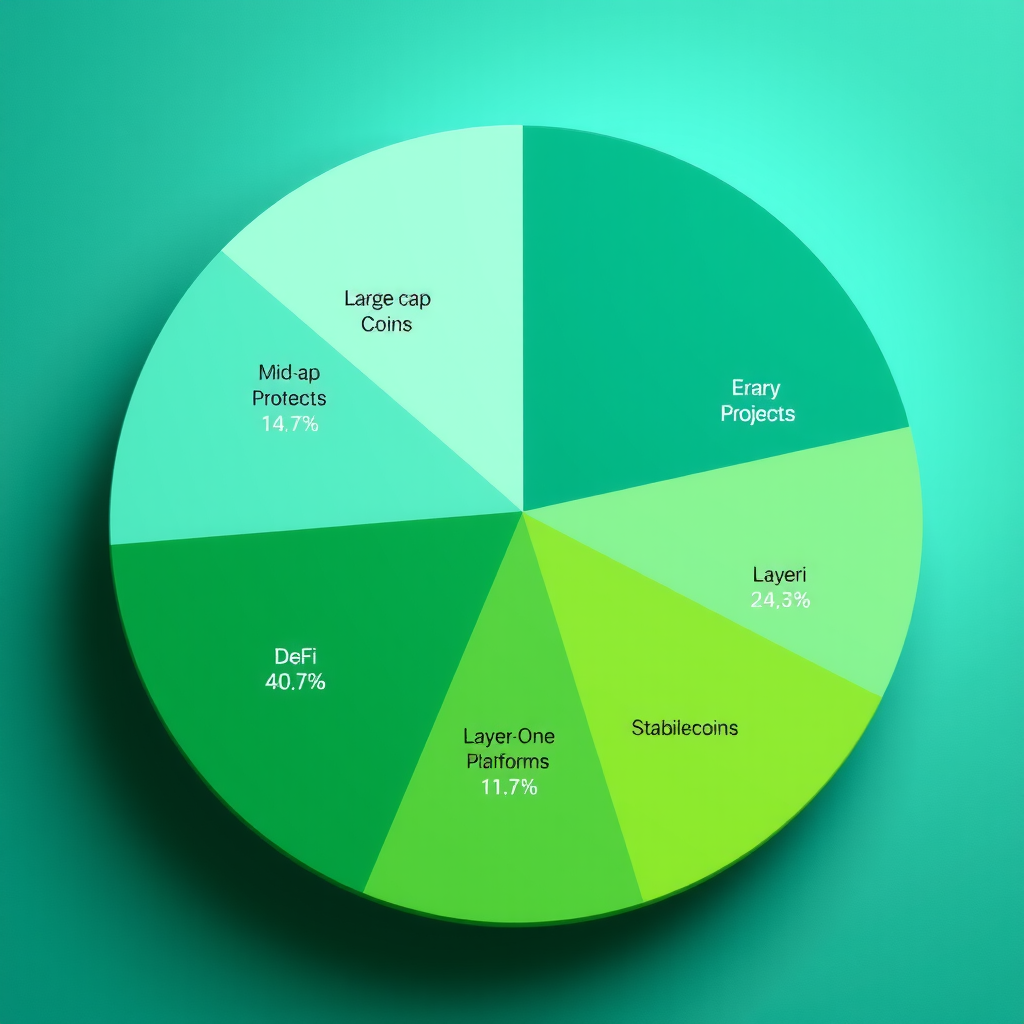 Pie chart showing a well-diversified cryptocurrency portfolio with segments representing different asset categories: large-cap coins, mid-cap projects, DeFi tokens, layer-one platforms, and stablecoins, displayed in sage green and teal colors with clear percentage allocations