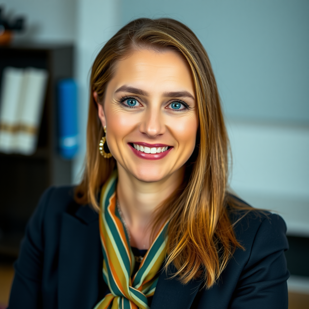 Professional headshot of Elena Popov, Director of Curriculum Development at Duke-Mark.one, in educational setting with warm, approachable expression