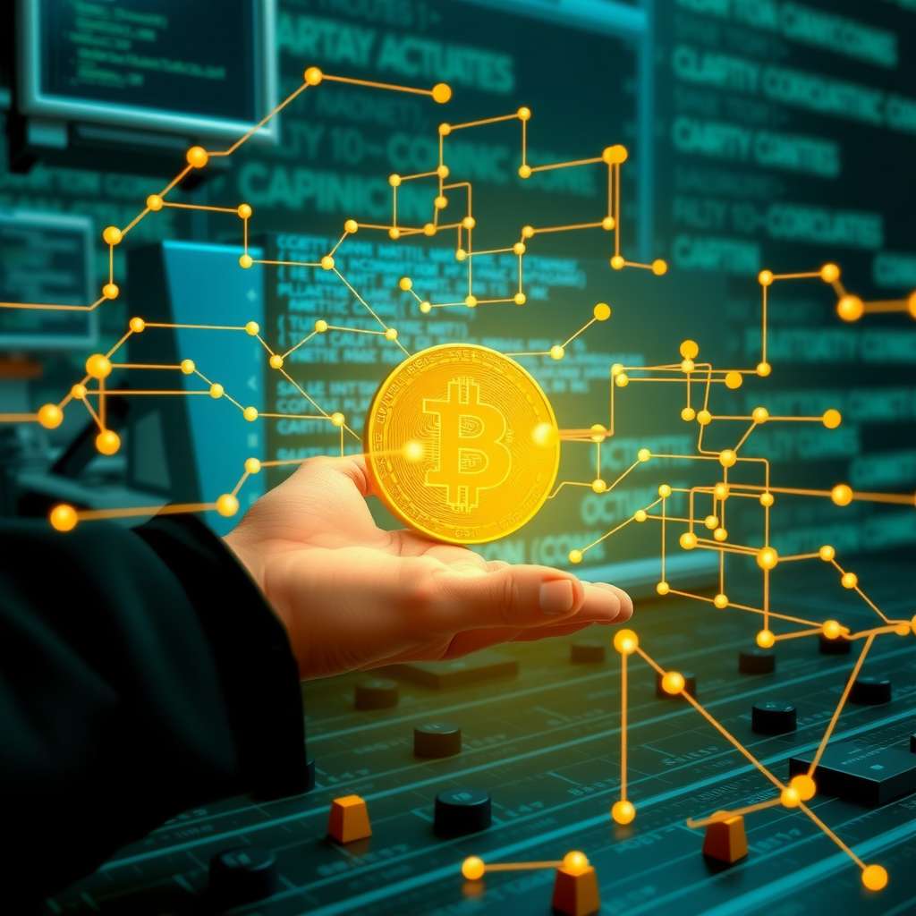 Digital illustration of smart contract execution showing self-executing code, automated agreements, and decentralized finance protocols with programming symbols and blockchain integration
