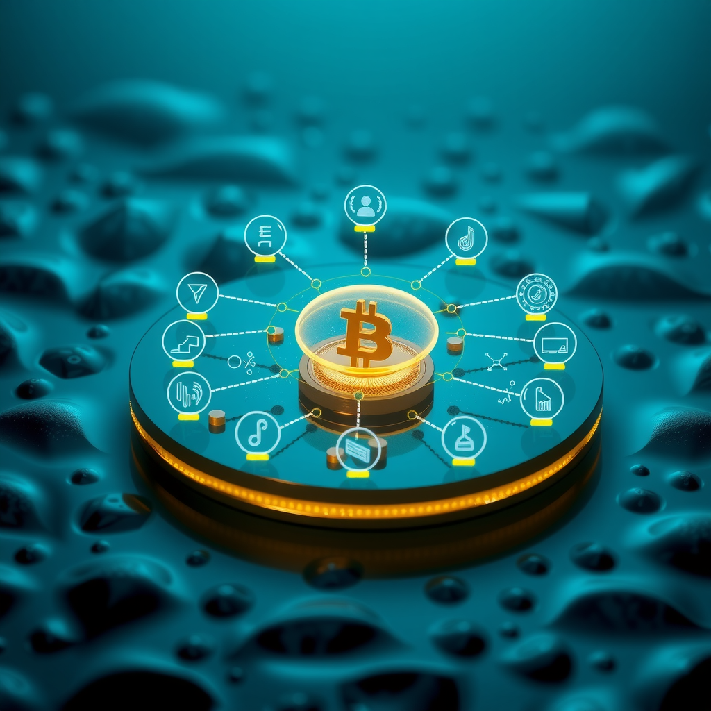Decentralized finance DeFi concept visualization showing lending protocols, liquidity pools, yield farming mechanisms, and peer-to-peer financial services without intermediaries in deep ocean blue tones