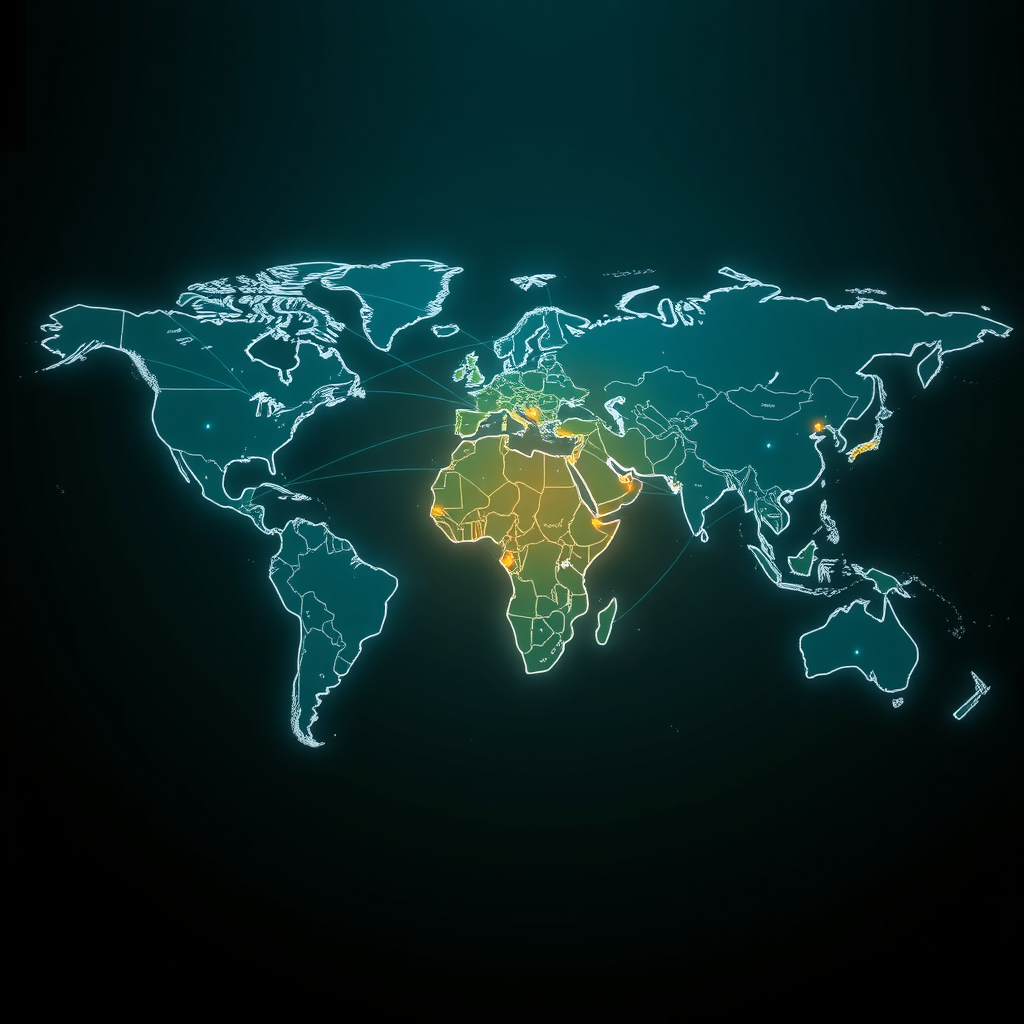 World map showing global blockchain network connections enabling financial inclusion across continents with digital transaction pathways