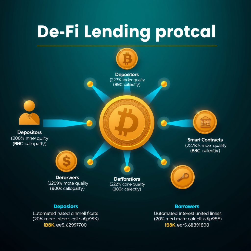 Infographic showing DeFi lending protocol workflow with depositors, borrowers, smart contract pool, and automated interest calculation, featuring golden accents and blue connection lines