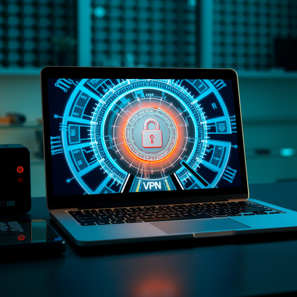 Laptop displaying VPN connection interface with encrypted tunnel visualization, secure padlock icon, professional cybersecurity setup with network security symbols, modern tech workspace