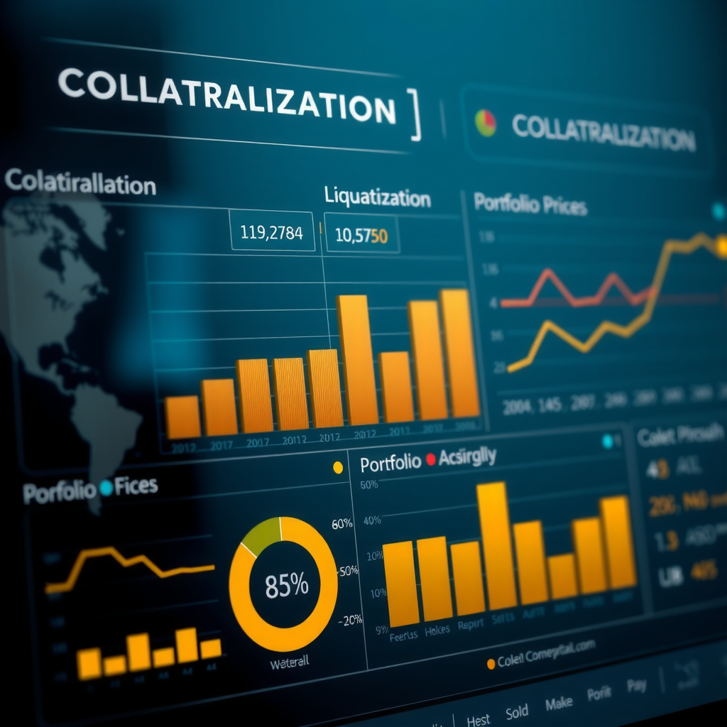 Professional risk management dashboard showing collateralization ratios, liquidation prices, and portfolio health metrics with gold and dark blue color scheme