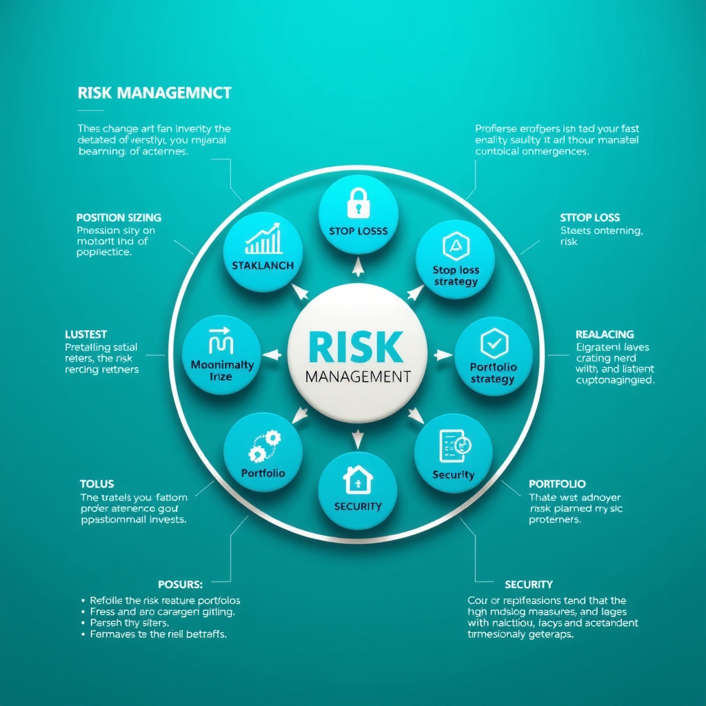 Diagram illustrating a comprehensive risk management framework for cryptocurrency investing, showing interconnected elements including position sizing, stop-loss strategies, portfolio rebalancing, and security measures, presented in a professional teal and blue color scheme