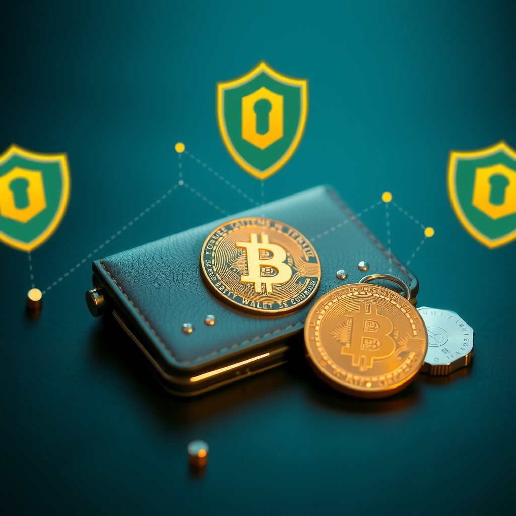 Secure cryptocurrency wallet concept showing hardware wallet device, multi-signature authentication, encryption keys, and digital asset protection with security shield symbols