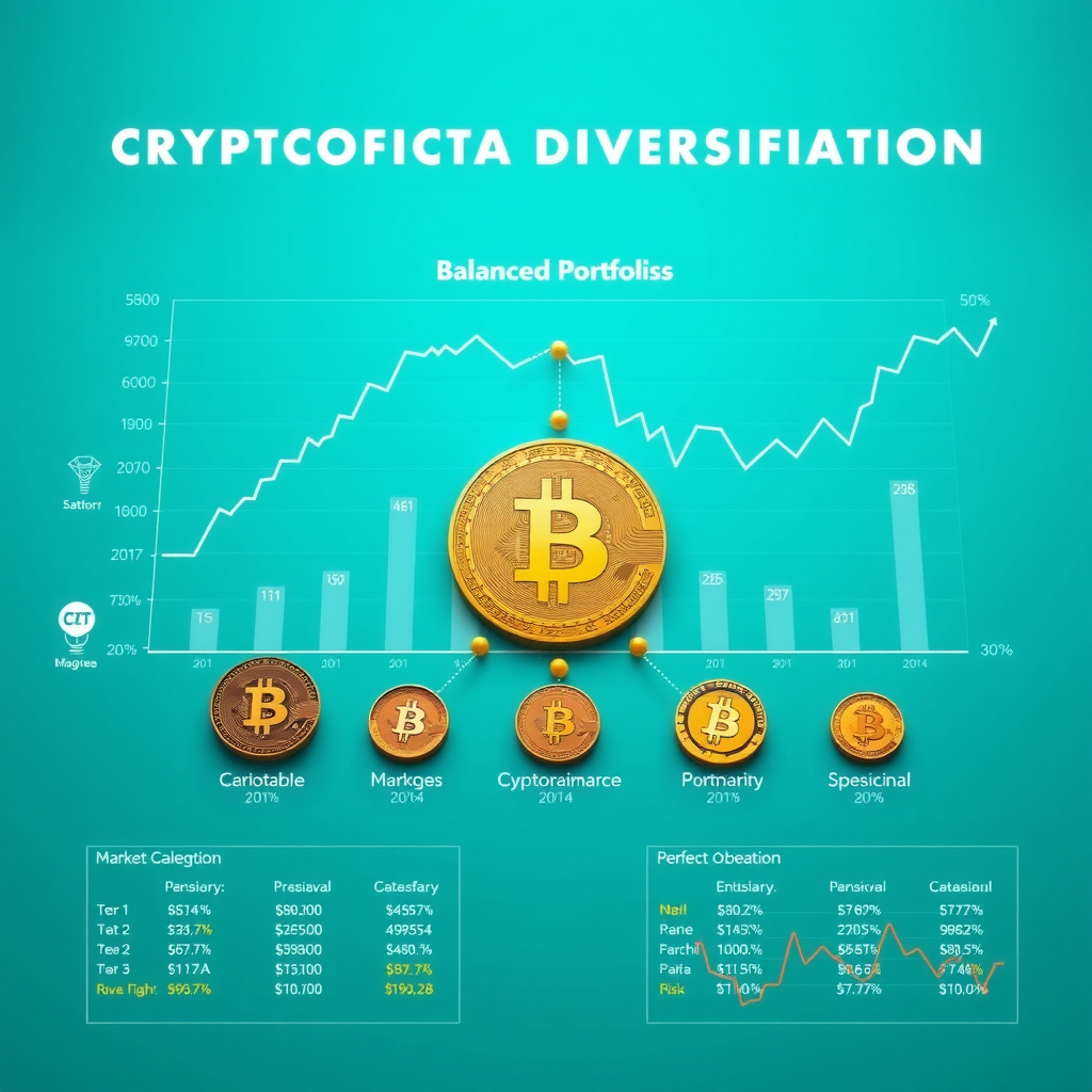 Cryptocurrency portfolio diversification illustration showing balanced asset allocation charts, market capitalization categories, risk management strategies, and digital asset distribution in professional teal blue design