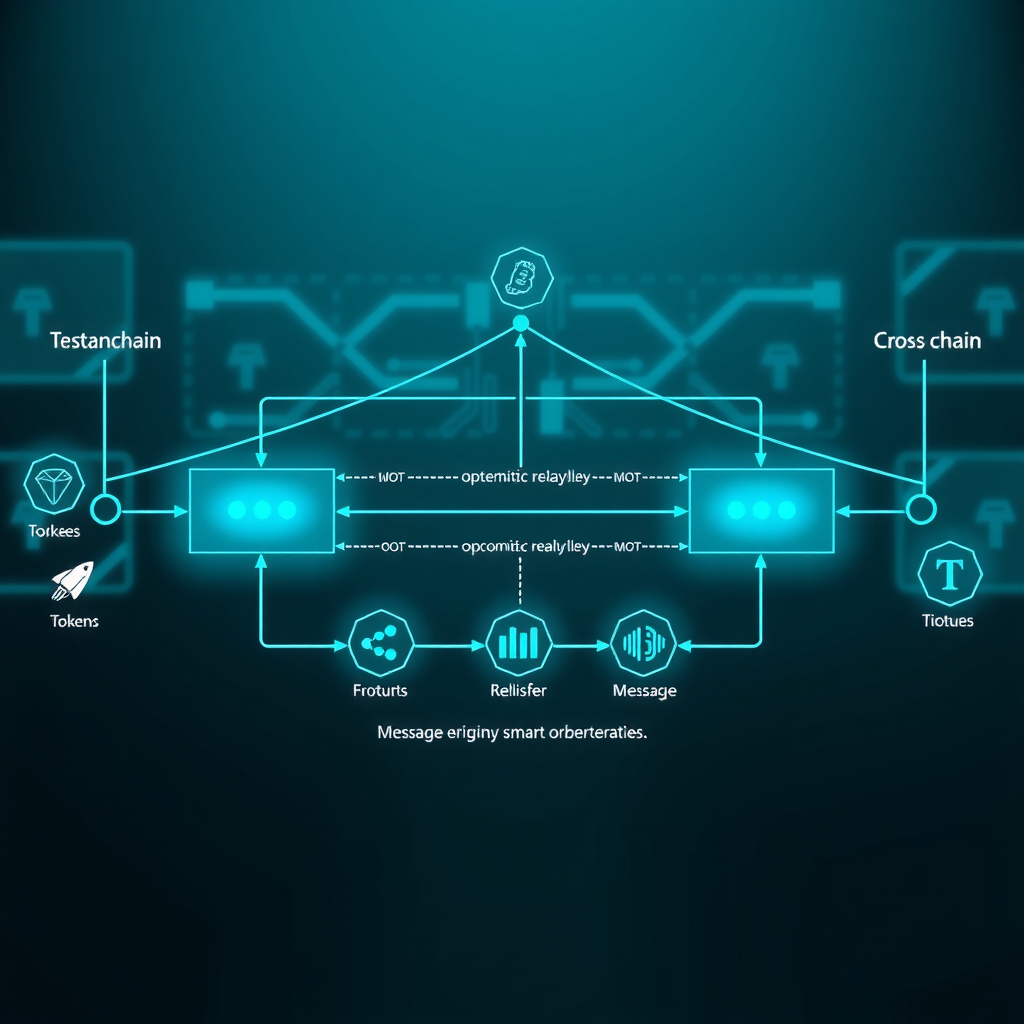Technical diagram of cross-chain bridge architecture showing multiple blockchain networks connected through smart contract relays, with token transfers and message passing illustrated in blue and teal