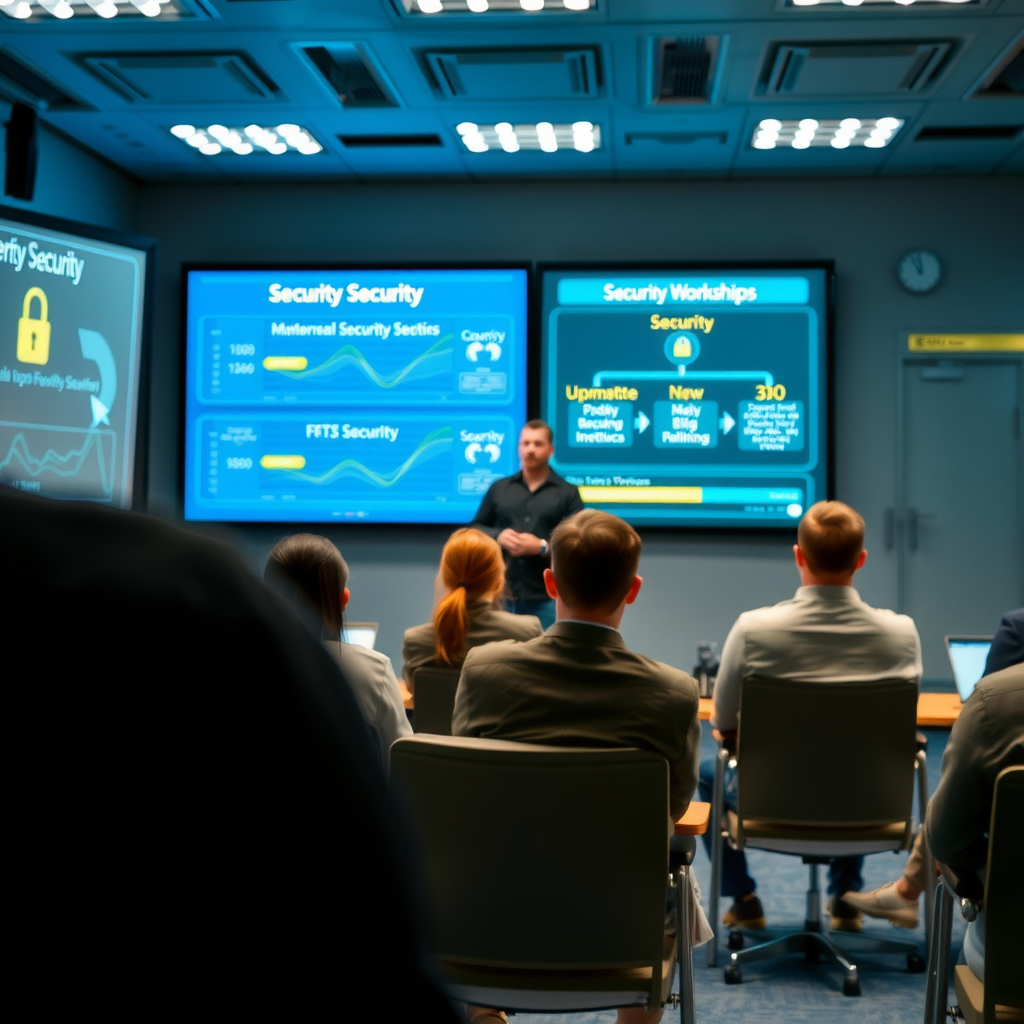 Person attending cryptocurrency security workshop, viewing presentation on blockchain security concepts, professional educational setting with digital displays showing security frameworks and best practices