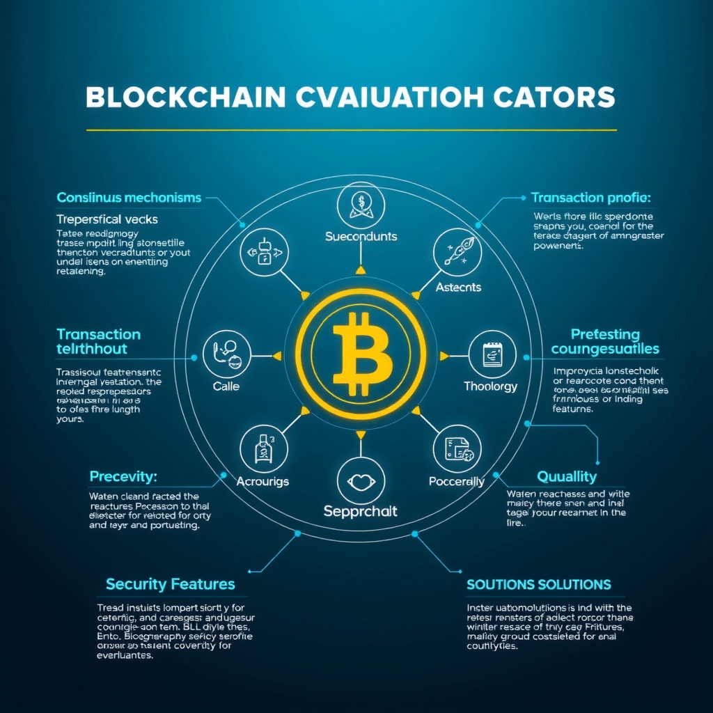 Technical diagram showing key evaluation criteria for blockchain technology including consensus mechanisms, transaction throughput, security features, and scalability solutions, presented with clean lines and deep ocean blue coloring