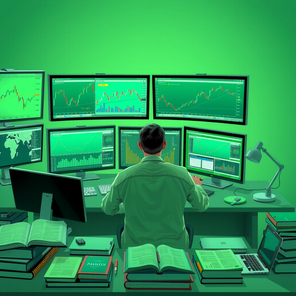 Conceptual illustration showing a person studying cryptocurrency markets with multiple screens displaying charts, news, and educational resources, surrounded by books and digital devices, rendered in sage green tones representing growth and knowledge acquisition
